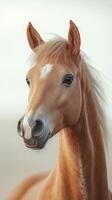 Close-up view of a light brown horse against a soft background during a calm morning photo