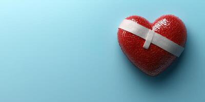 Heart shaped object with a bandage on a blue background represents healing and hope during challenging times photo