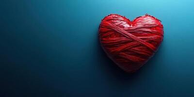 Heart made of red thread against a blue background symbolizes love and connection in a creative design photo