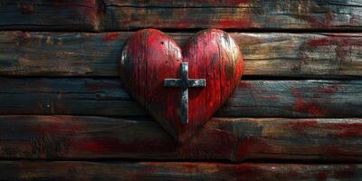 Vibrant red heart with a cross against a rustic wooden background photo