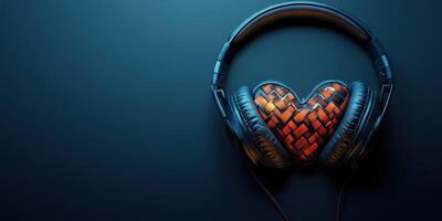 Headphones with a heart-shaped design resting on a dark surface symbolize love for music and art photo