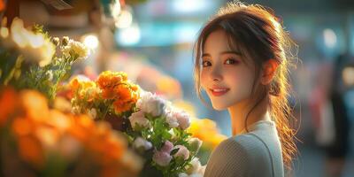 Young woman enjoys shopping for flowers at a bustling market during the day photo