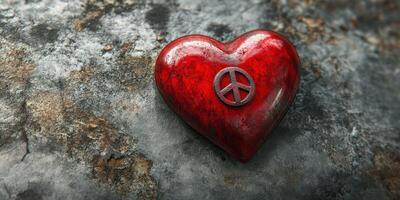Unique red heart symbolizing love and peace sitting on a textured surface in a creative arrangement photo