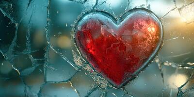 Heart shape embedded in broken glass reflects light during sunset in an urban setting photo