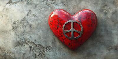 Red heart with peace symbol resting against a textured concrete background photo