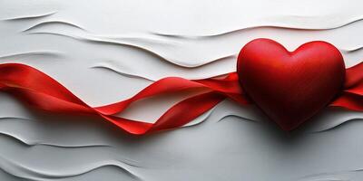 Red heart with ribbon rests on textured white surface, symbolizing love and connection photo