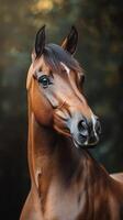 Majestic brown horse with a shiny coat gazing into the distance in a serene natural environment photo