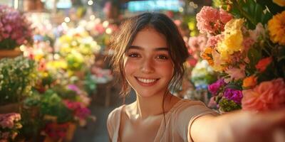 Young woman smiling at a flower market filled with colorful blooms during a sunny afternoon photo