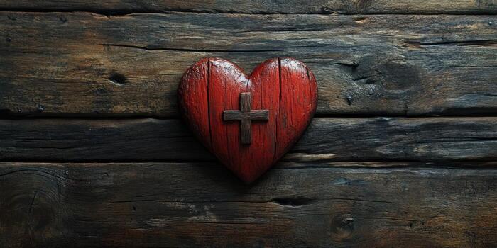 Heart shaped wooden decoration with a cross on a rustic wooden background photo