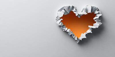 Creative heart shape made from torn paper revealing orange color against a light background expressed in an artistic way photo