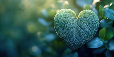 Heart-shaped leaf rests among lush greenery in a serene garden setting during golden hour photo