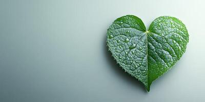 Green heart-shaped leaf with water droplets on a smooth surface in natural light photo