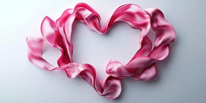 Pink satin ribbon arranged in a heart shape on a light background for decorative purposes photo