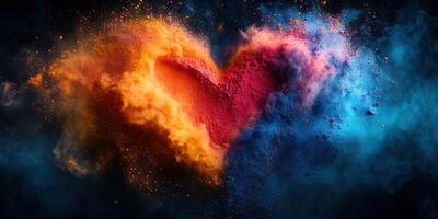 Vibrant heart shape created with colorful powders against a dark background photo