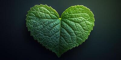 Heart-shaped green leaf against dark background highlights nature's beauty and uniqueness in plant forms photo