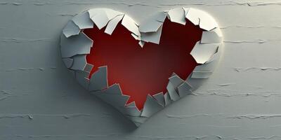 Broken heart art revealing a vivid red interior on a textured wall surface photo