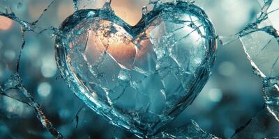 Shattered glass heart reflecting light in an artistic display of fragility and beauty photo