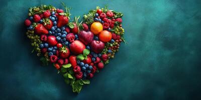 Colorful heart shape created with fresh fruits and berries displayed on a turquoise background photo