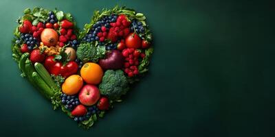 Colorful heart-shaped arrangement of fresh fruits and vegetables on a dark background celebrating health and nutrition photo