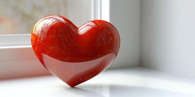 Heart-shaped red stone placed on a windowsill reflecting natural light during daytime indoors photo