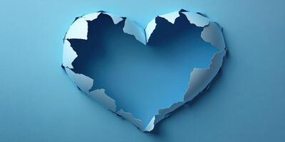 Heart-shaped tear in blue paper reveals a serene background, symbolizing vulnerability and emotions photo