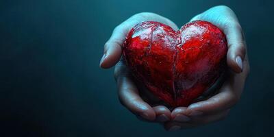 Hands gently holding a cracked red heart in a soft blue background, symbolizing love and vulnerability photo