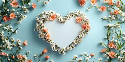 Floral heart arrangement with white and pink flowers on a light blue background for decorative purposes photo