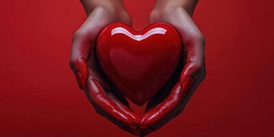 Hands holding a shiny red heart against a vibrant red background, symbolizing love and connection photo