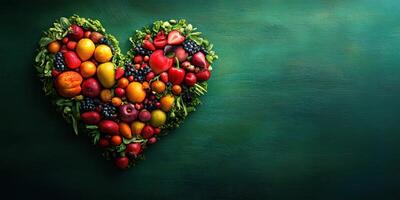 Fresh fruits and vegetables arranged in a heart shape against a dark green background showcasing healthy eating and love for nature photo