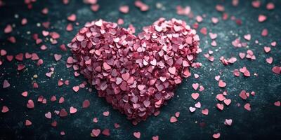 Decorative heart shape made of pink confetti scattered on a dark surface for celebration or romance themed events photo