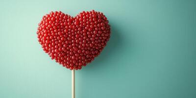 Red heart-shaped candy display on a light blue background during festive celebration photo