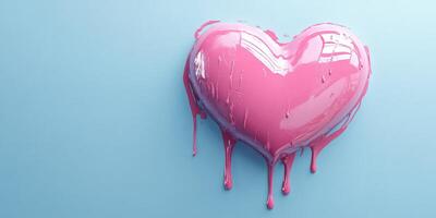 Heart-shaped pink paint drips on light blue background creating a striking visual contrast photo