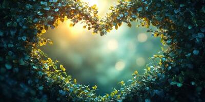 Sunlight filters through lush foliage creating a heart shape in a tranquil outdoor setting at dusk photo