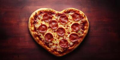 Heart-shaped pepperoni pizza on a wooden table garnished with cheese and spices for a romantic dinner photo