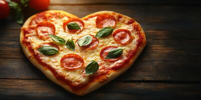 Heart-shaped pizza topped with pepperoni and fresh basil on a rustic wooden table with tomatoes photo