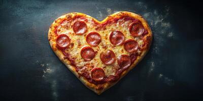 Heart-shaped pepperoni pizza on a dark surface ready to be enjoyed at a lively gathering photo