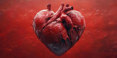 Realistic depiction of a human heart on a red background highlighting anatomical details and texture photo