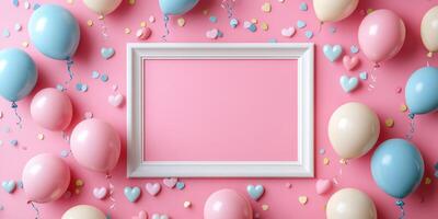 Festive balloon arrangement with heart confetti and an empty frame on a pink background for a celebration or party decoration photo