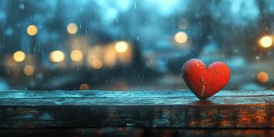 Heart-shaped decoration on a rainy window sill with blurred lights in the background during an evening photo