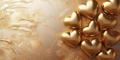 Decorative golden hearts arranged artistically on a textured golden background create a warm and festive atmosphere for an elegant occasion photo