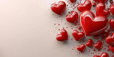 Colorful red hearts scattered on a smooth surface, creating a romantic atmosphere for celebrations and decorations photo