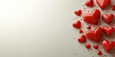 Red hearts scattered on a light background create a romantic atmosphere for celebrations or events photo