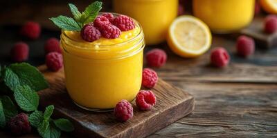 Delicious mango mousse topped with fresh raspberries served in a rustic kitchen setting on a wooden table photo