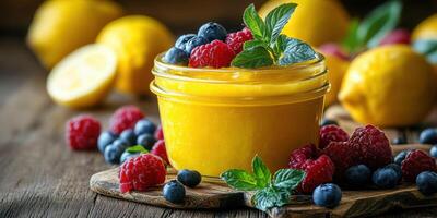 Bright and refreshing fruit sorbet served in a jar with vibrant berries and lemon slices photo