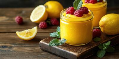 Bright and refreshing lemon raspberry dessert served in jars with mint leaves on a rustic wooden board photo