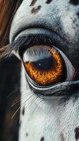 Close-up view of a horse's striking amber eye highlighting intricate details and textures photo