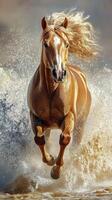 Majestic horse gallops through the water, displaying strength and grace under a dramatic sky photo