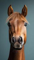Close-up of a friendly brown horse with a soft mane against a calm blue background during studio photography session photo