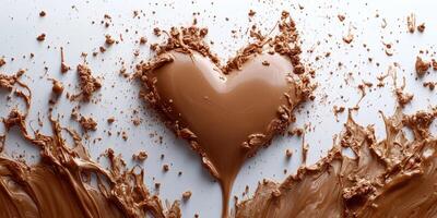 Rich chocolate heart shape created from melted chocolate and cocoa splatters on a white surface photo