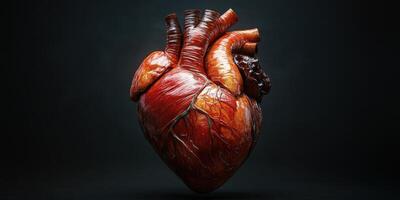 Realistic human heart model showcasing intricate details and textures in a dark background setting photo